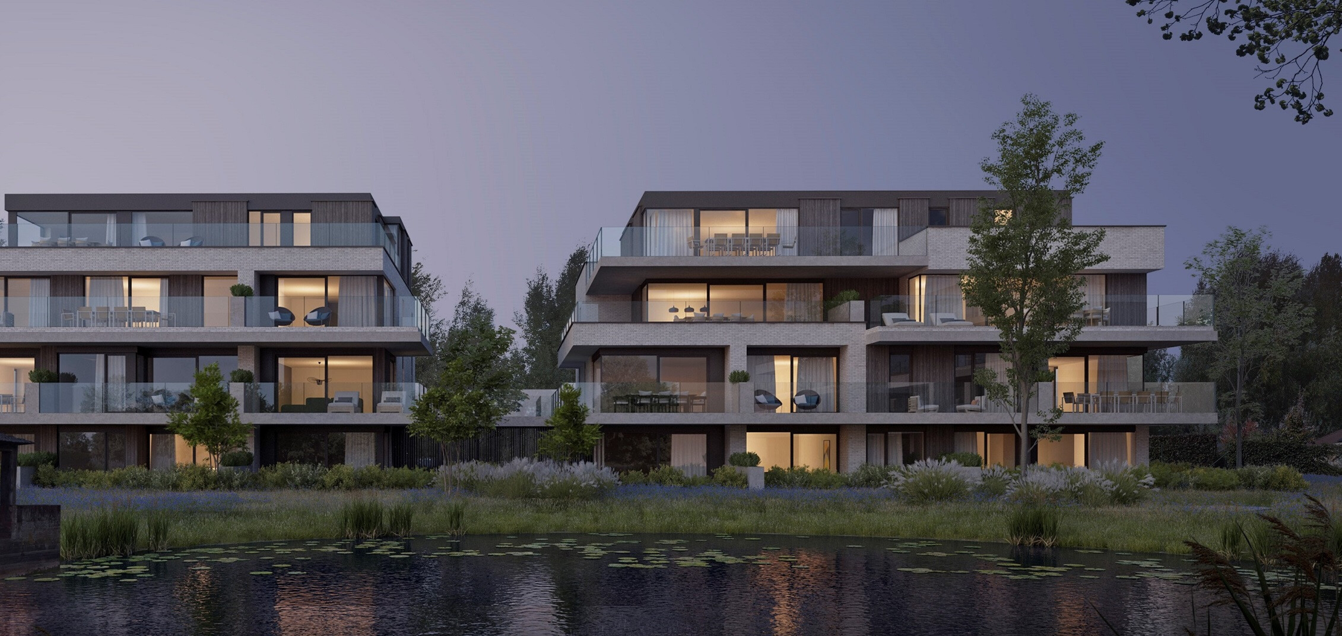 In de wolstraat in Roeselare bouwt Albat 2 gloednieuwe stapelwoningen aan een kleine bosvijver.